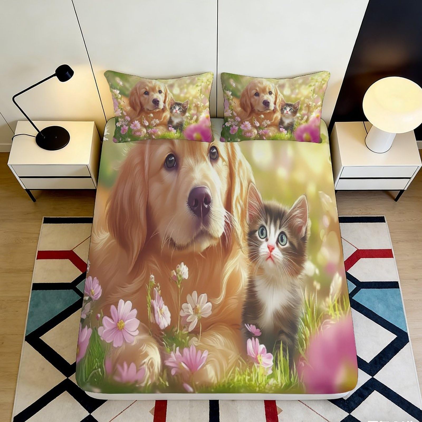 3D Printed Dog and Kitten Fitted Sheet Microfiber Non Slip Flower Meadow Bed Cover for Bedroom Dorm Mattress Decor 140x200x25cm