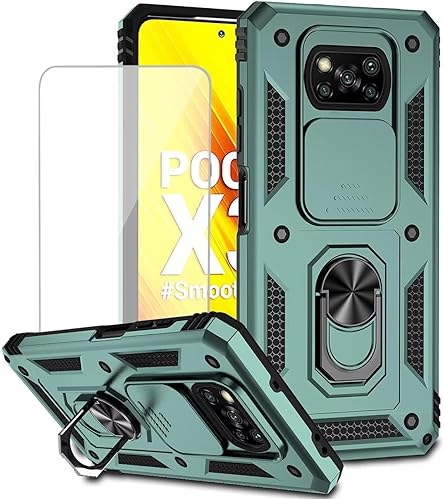 Yodueiv Funda para Poco X3 NFCPoco X3 ProPoco X3 con protector de pantalla de vidrio templado y cubierta de cámara deslizante, anillo magnético