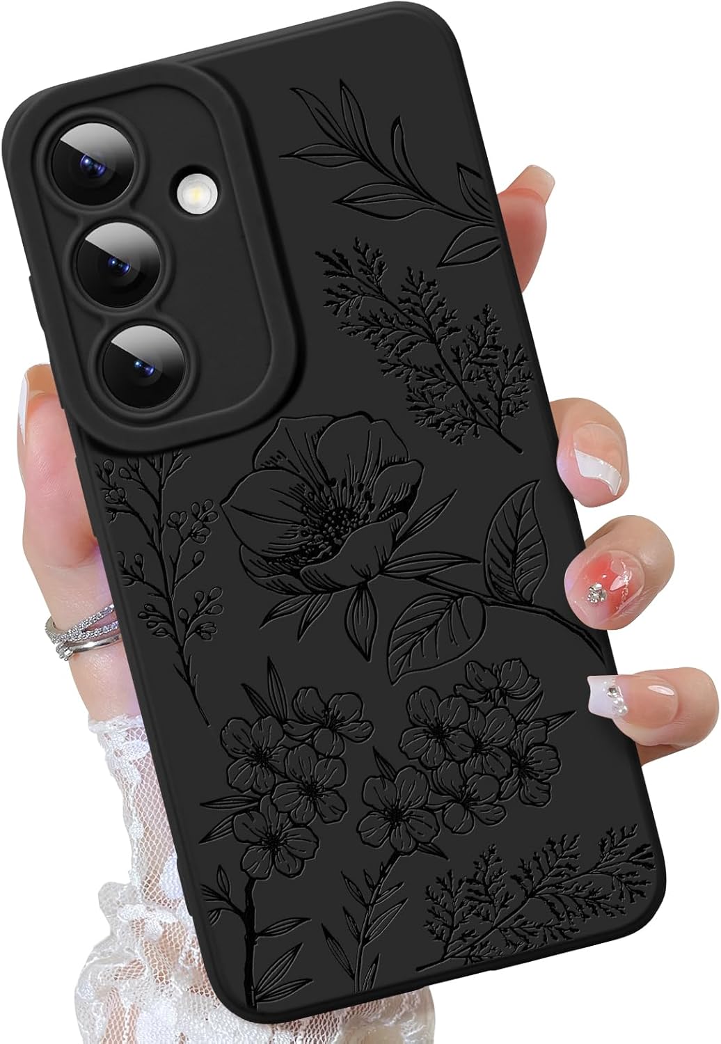 OOK Galaxy S25 Case Cute Flower Floral Design for Girls Women Soft TPU Camera Lens Protective Phone Cover Designed for Samsung Galaxy S25 Black