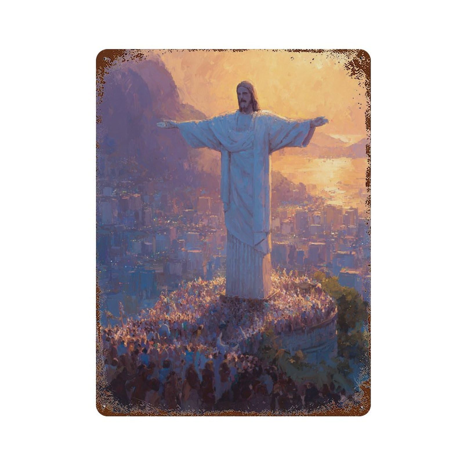 Christ The Redeemer Statue Vintage Rust Metal Sign 15.7"x11.8", for Basement, Hobby Room And Garage Decor, Retro Wall Decor