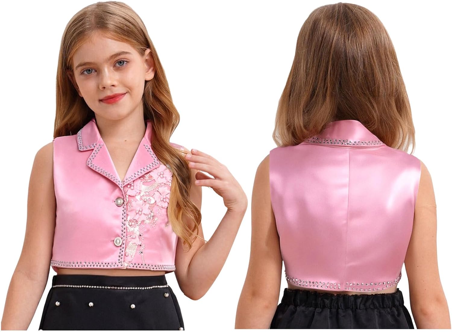 Choomomo Kids Girls Rhinestone Bolero Sparkly Sleeveless Cropped Blazer Vest Embroidery Dress Waistcoat