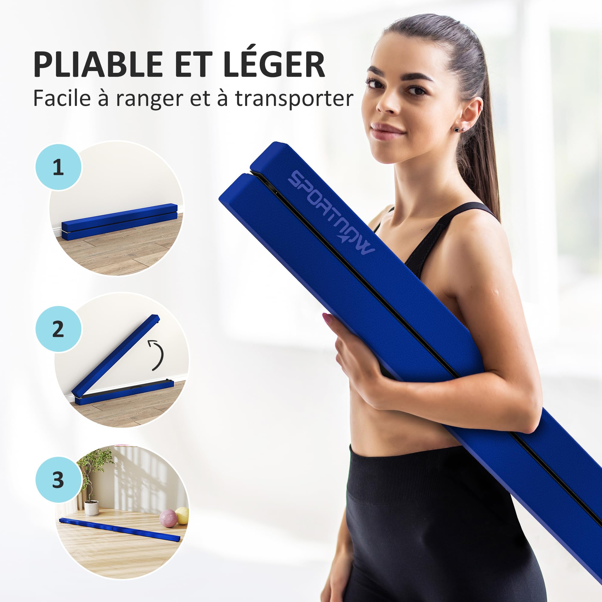 SPORTNOW Trave da Ginnastica Pieghevole, 240 cm, in Velluto, con Fondo Antiscivolo, Attrezzatura per l'allenamento da Ginnastica per Bambini e Adulti, Blu