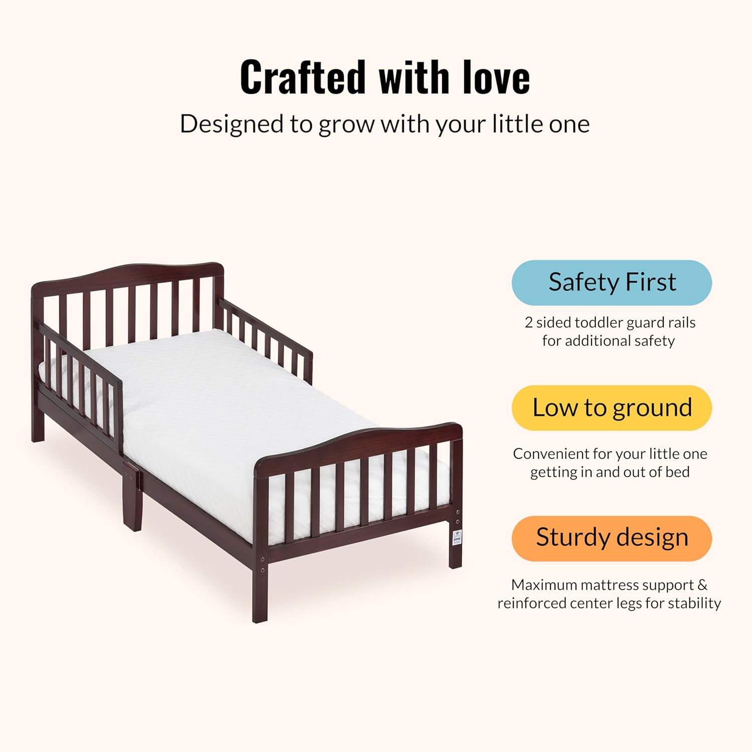 Dream On Me Classic Design Toddler Bed In Black, Greenguard Gold And JPMA Certified, Low To Floor Design, Two Side Safety rails, Non-Toxic Finishes, Wooden Nursery Furniture