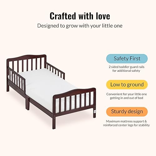 Miniatura 5 de Dream On Me Cama de diseño clásico para niños pequeños en color espresso, cama de madera baja al suelo con rieles de seguridad, certificado