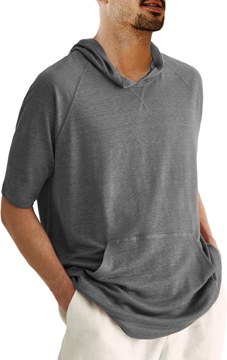 Yasiter Men's Thin Hooded T Shirt Sweatshirts Short Sleeve Cool Solid Color Pullover Hoodies with Kangaroo Pockets