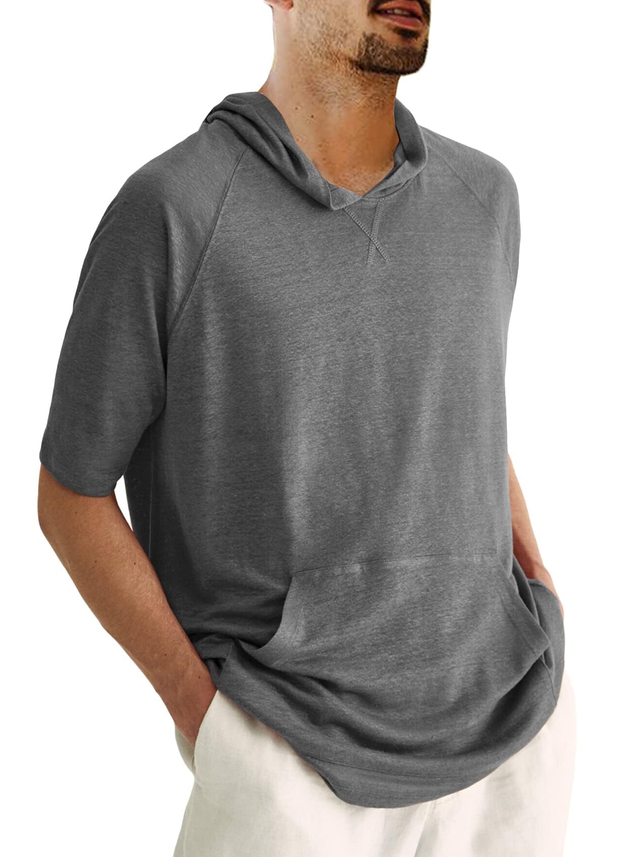 Yasiter Men's Thin Hooded T Shirt Sweatshirts Short Sleeve Cool Solid Color Pullover Hoodies with Kangaroo Pockets