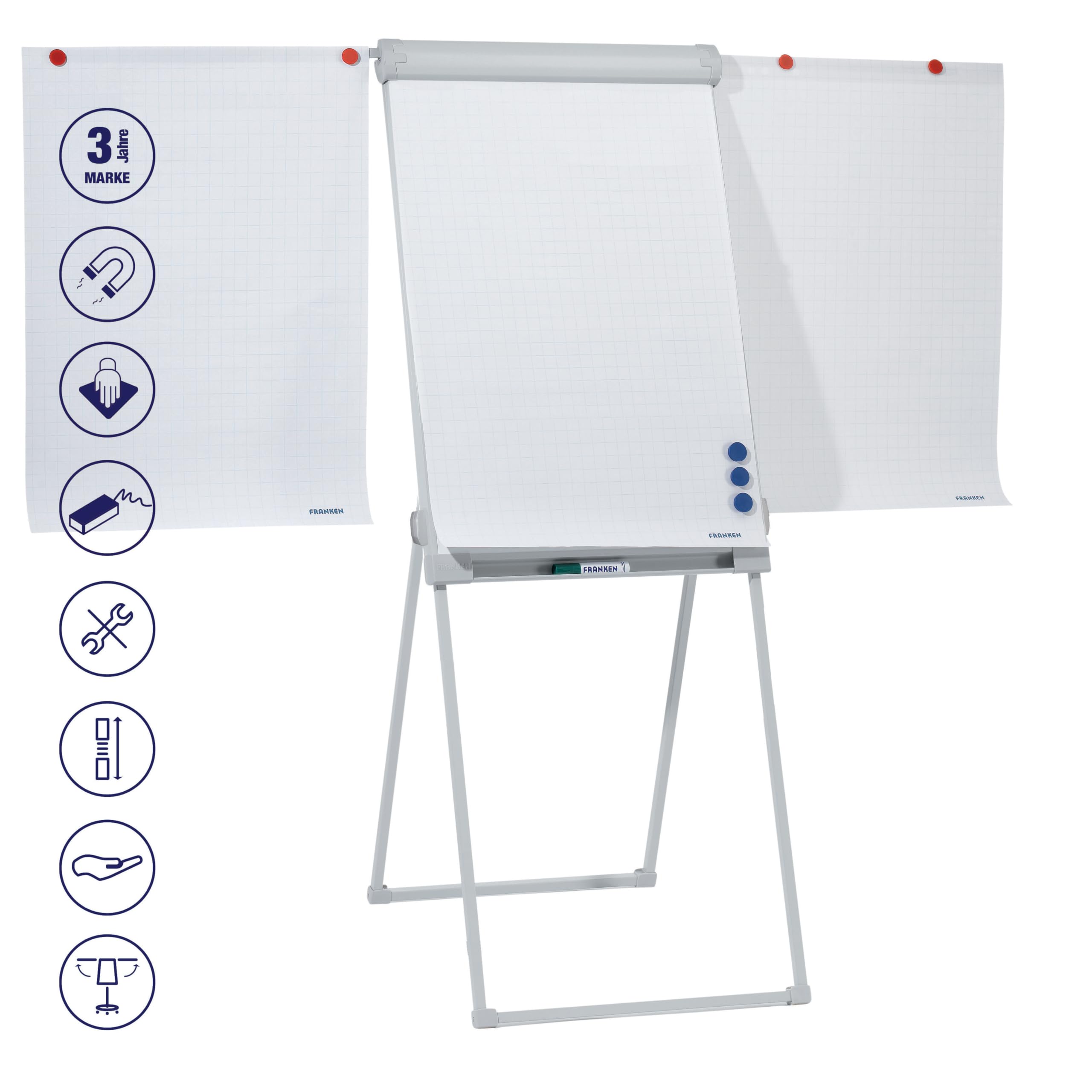 FRANKEN Flipchart, Beschreibbar, Magnetisch, Mit Seitenarmen, Dreibeinstativ, 67 x 95 cm, Höhenverstellbar, inkl. Papierhalterung und Stifteablage, PRO Deluxe Standard, FC84