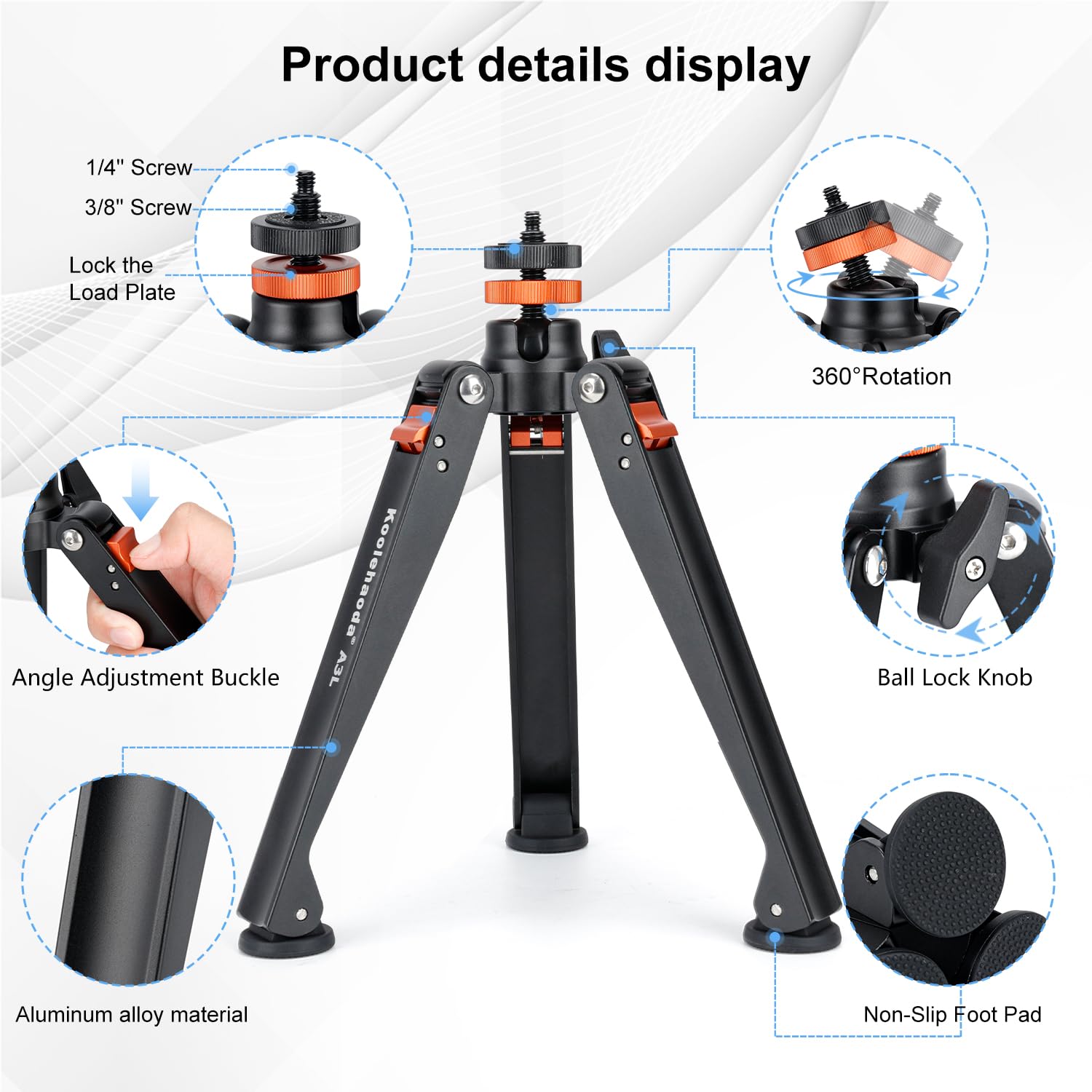 Koolehaoda trípode de Aluminio 3 pies para cámara DSLR y monopié, Soporte Universal 1/4"-3/8"