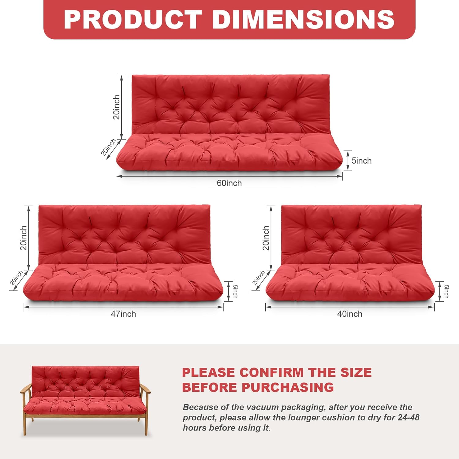 porch swing cushions,outdoor cushions 3 seater replacement with backrest, waterproof thickened bench cushion with ties for porch, patio,outdoor, backyard and garden (red 60 * 40 in) red 60x 40 inches