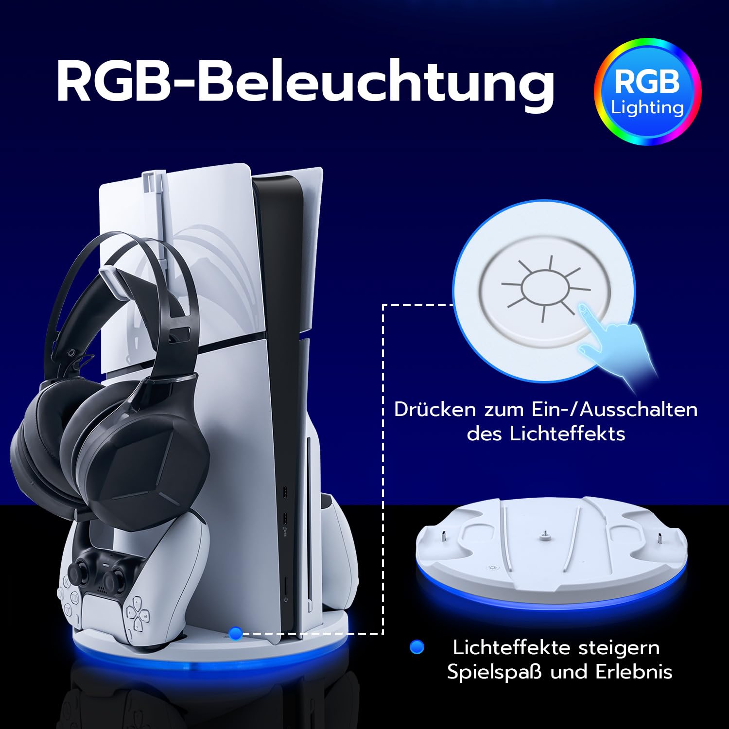 Vertikale Standfuß nur für PS5 Slim, LED Base Station für PS5 Dual Controller Ladestation Dock mit Headset Halterung für PS5 Slim Disc and Digital Editions -Nicht für PS5/PS5 Pro