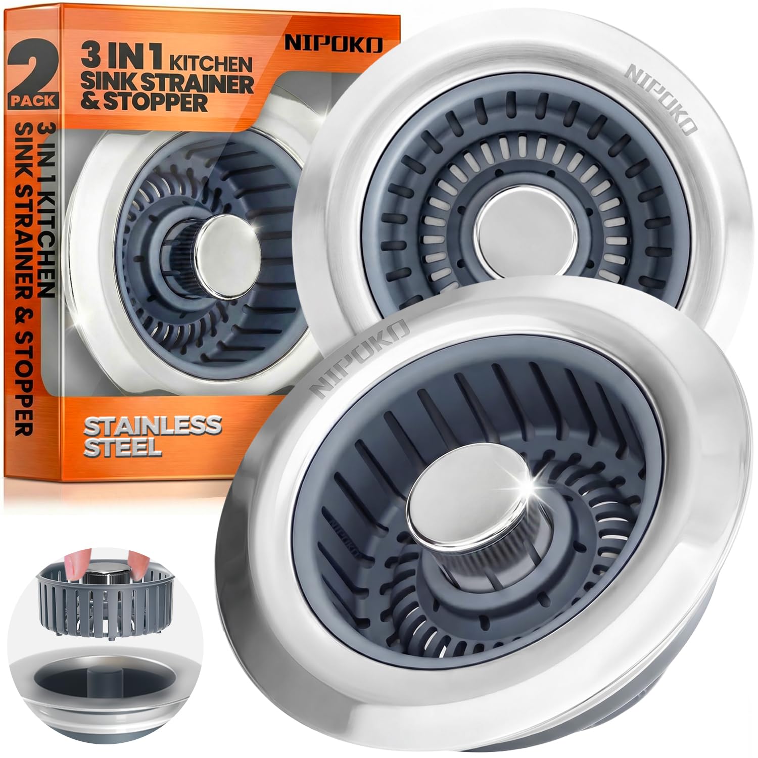 Photo 1 of Nipoko 3 in 1 Kitchen Sink Drain Strainer Stopper Basket Pop Up Silver