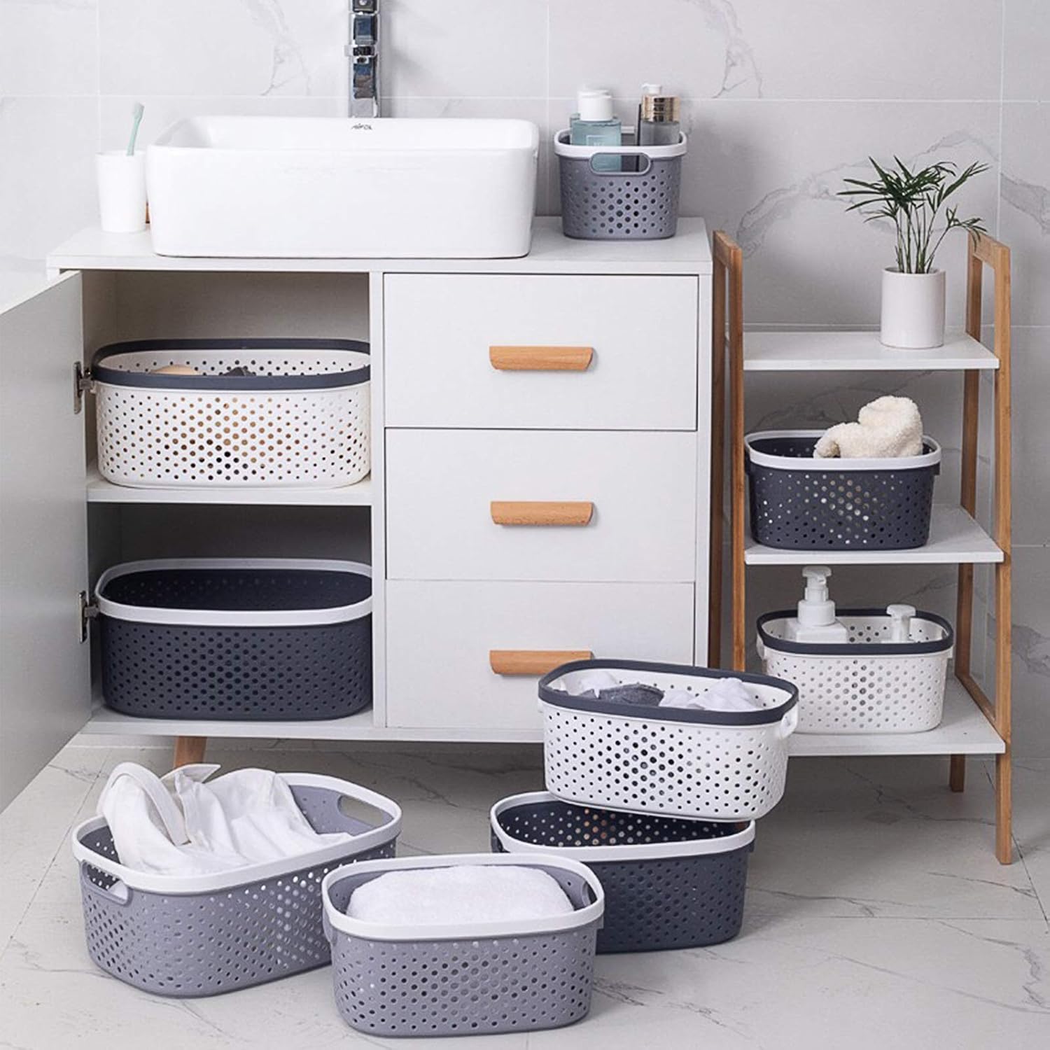 Plastic Storage Baskets with Handles Shower Caddy Portable Storage Bins Organizer for Bathroom Dorm Household Storage Bedroom and Kitchen, 2 Pack White