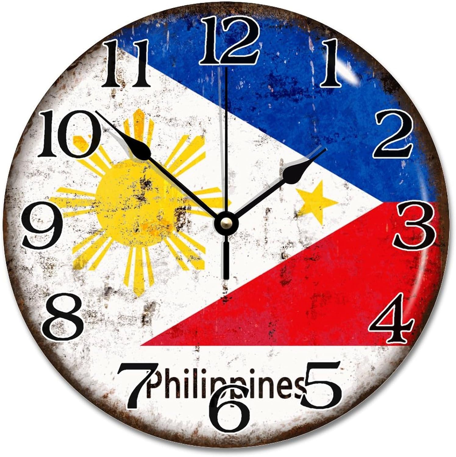 Philippines National Flag Wall Clock Philippines 12 Inch Wooden Wall Clocks Battery Operated Silent Wall Hanging Art Rustic Home Decor for Living Room Kitchen Bedroom Bathroom