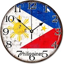 Philippines National Flag Wall Clock Philippines Wooden Wall Clocks Battery Operated 10 Inch Desk Clock Wall Hanging Art Rustic Home Decor for Living Room Kitchen Bedroom Office