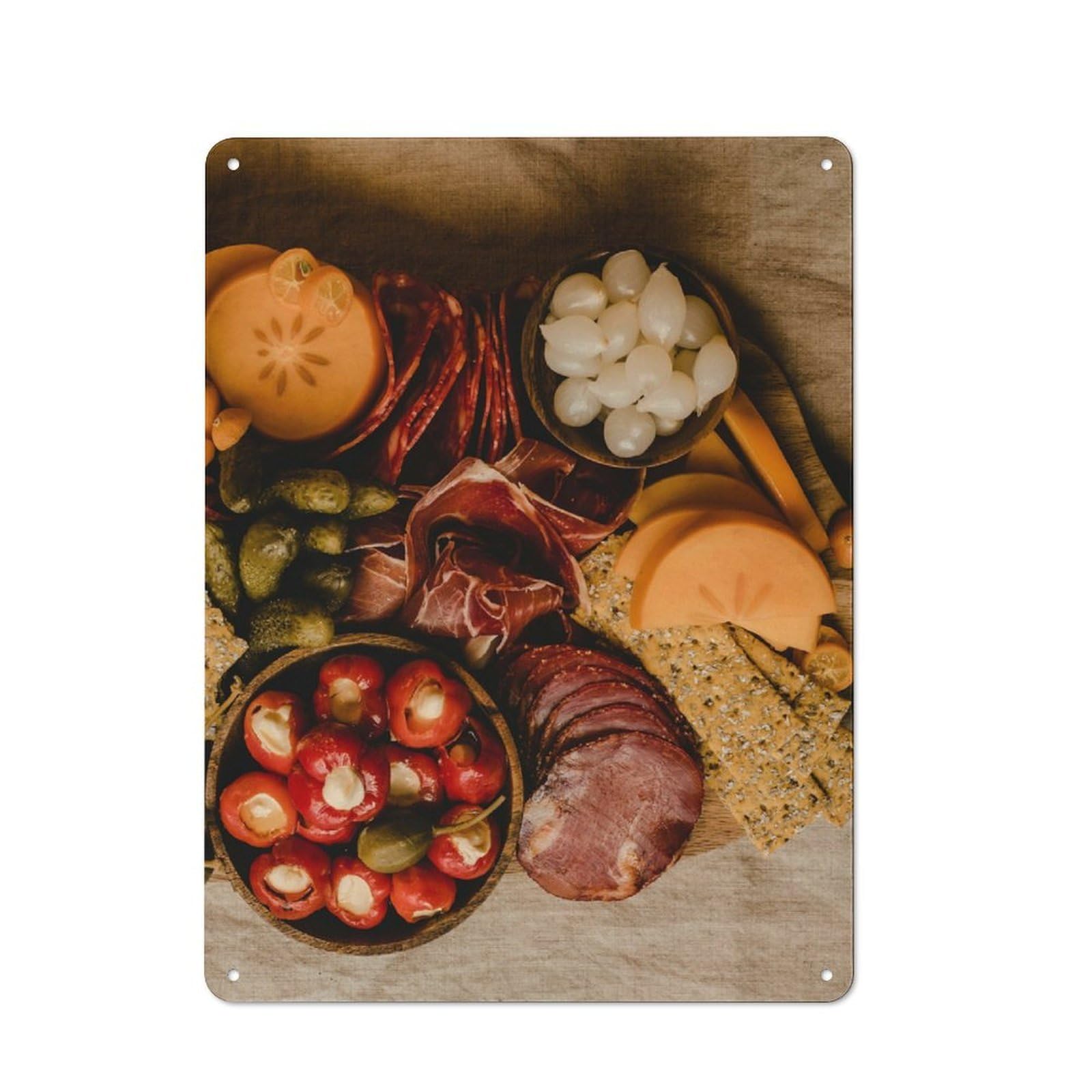 Tin Wall Plaque 40x30cm with Gourmet Charcuterie Board Still Life for Living Room Or Hallway, Suited to Wall Displays in Living Rooms And Hallways