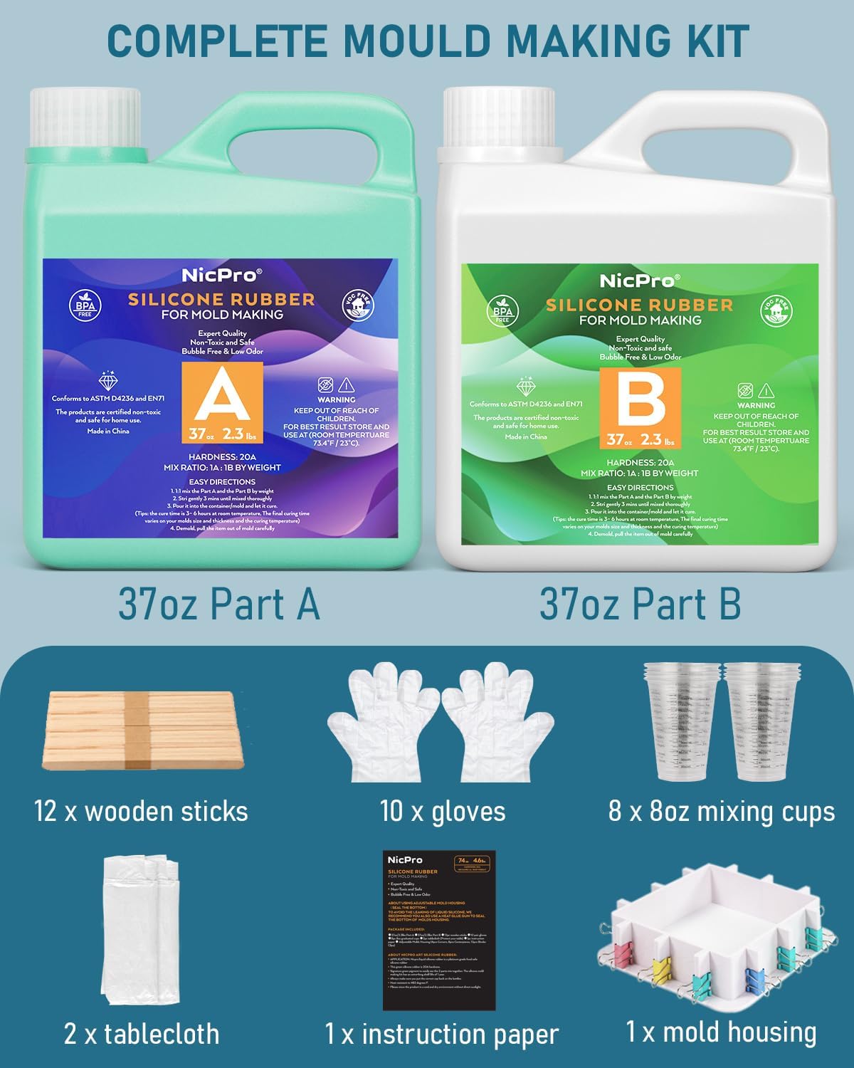 74oz Platinum Silicone Mold Making Kit with Molds Housing & Mixing Cups, 1:1 Ratio, 20A Medium Hardness, Non-Toxic Liquid Silicone Rubber for Resin, Jewelry, Craft Molds