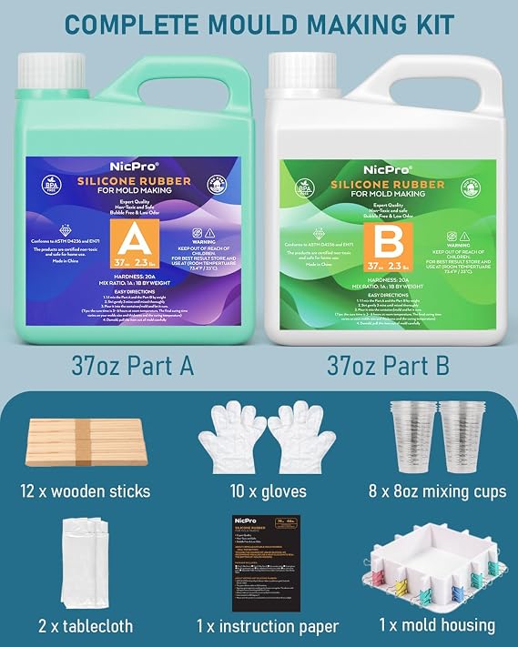 Nicpro 74oz Silicone Mold Making Kit, 20A Platinum Liquid Silicone Rubber, Jade Green Flexible, Molds Maker Mix Ratio 1:1 for Casting 3D Resins Molds DIY with Molds Housing, Mixing Cups