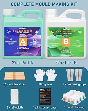 Nicpro 74oz Silicone Mold Making Kit, 20A Platinum Liquid Silicone Rubber, Jade Green Flexible, Molds Maker Mix Ratio 1:1 for Casting 3D Resins Molds DIY with Molds Housing, Mixing Cups