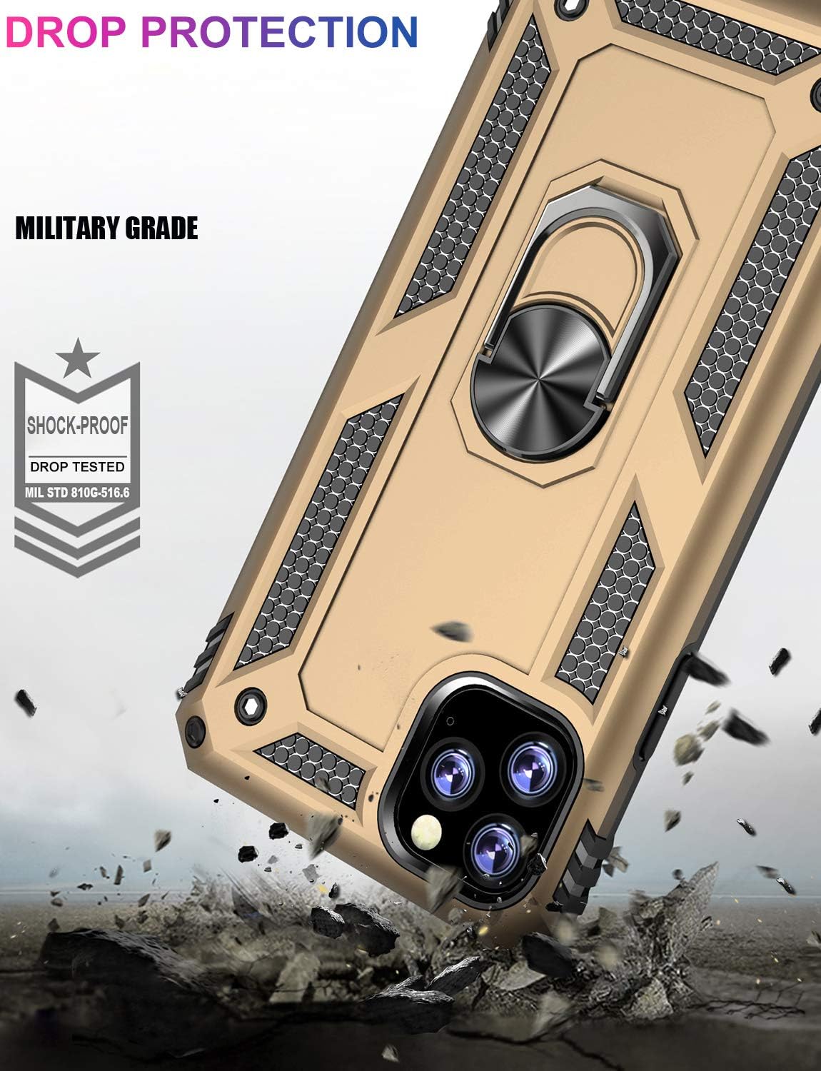 LUMARKE iPhone 11 Pro Max Case,15ft Drop Tested, Military Grade Shockproof Dual Layer Plastic TPU Cover with Metal Kickstand Protective Phone Case for iPhone 11 Pro Max 6.5 inch 2019 Gold
