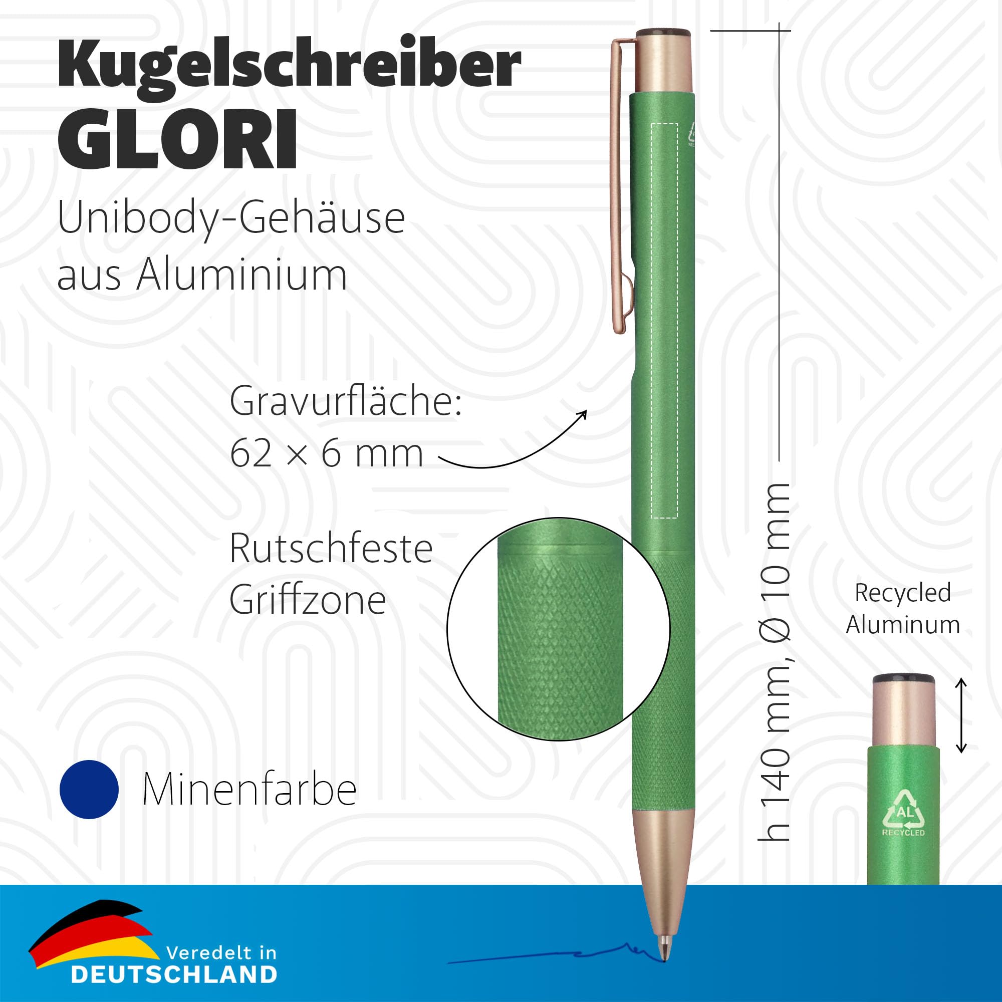 GLORI 50 x Kugelschreiber aus recyceltem Aluminium mit Gravur – Wunschgravur & Personalisierung als Geschenk oder Werbegeschenk – GRÜN