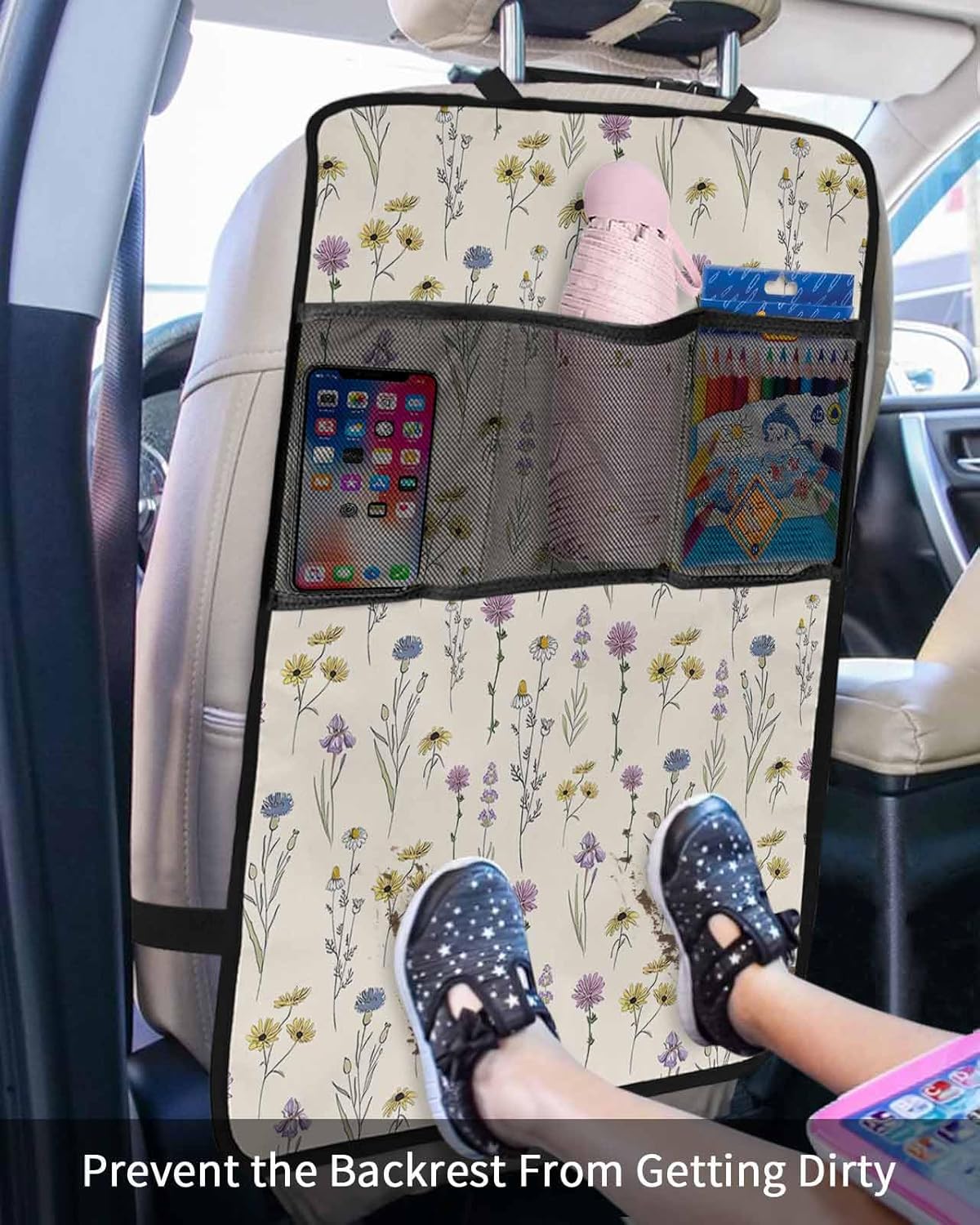 Car Seat Protector, 2 Pack Kick Mats with Organizer - 3 Pocket Storage, Watercolor Plant Sunflower Plants Flower Printing Back Seat Cover for Kids Universal Fit Automotive Interior Protectors