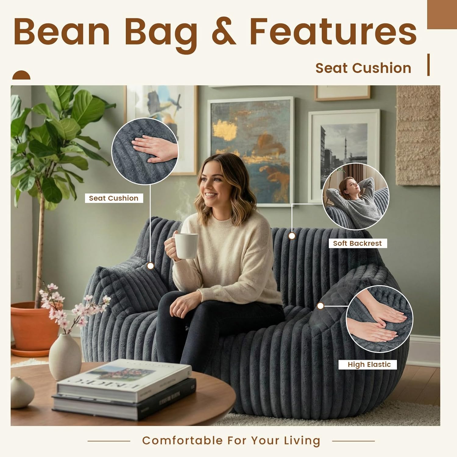 Honeydak Bean Bag Chair Cover Only (No Filler) for Adults Bean Bag Cover with Armrests and Back Support Stuffed Animal Storage Lazy Sofa Chair for Bedroom Living Room Dorm(Dark Grey,Rabbit Fur)