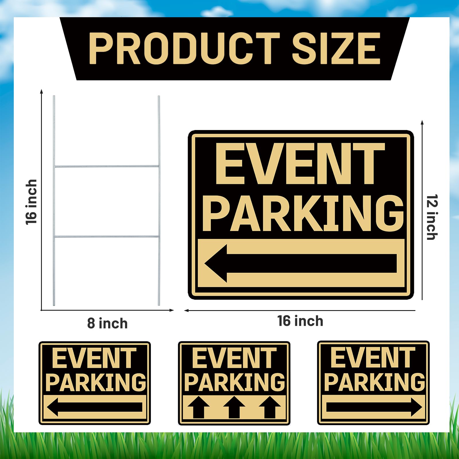 Juexica 9 letreros de estacionamiento para eventos al aire libre de 16 x 12 pulgadas con flecha, de plástico corrugado, letreros de doble cara para eventos al aire libre (negro y dorado)