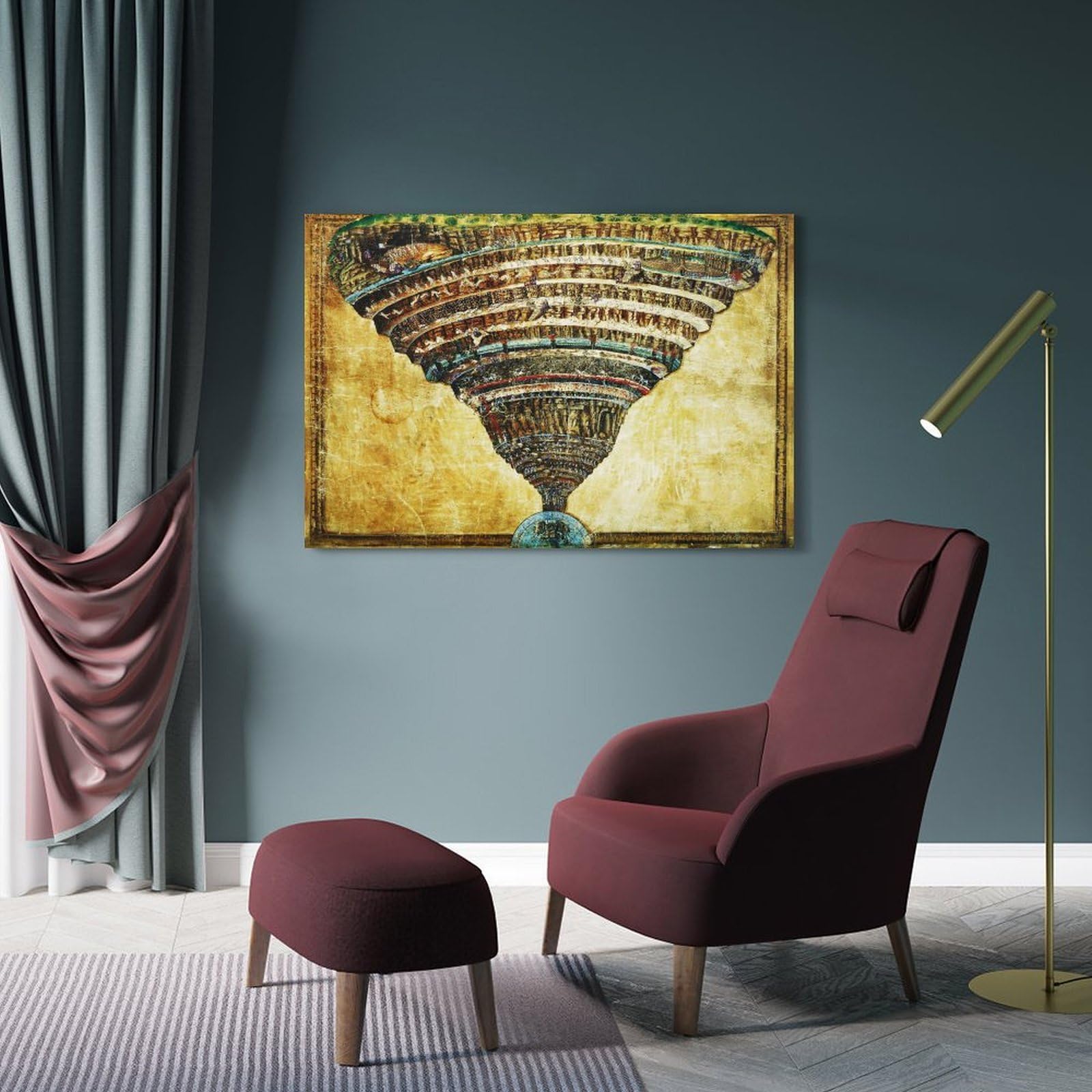 Poster con stampa di Sandro Botticelli - Mappa dell'Inferno nella Divina Commedia di Dante, decorazione per la casa, decorazione da parete, per camera da letto, 40 x 60 cm