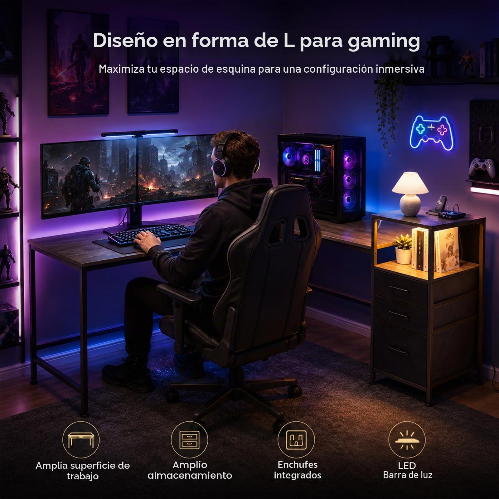Yorbay Escritorio de oficina doble con enchufes: mesa de ordenador en forma de L con cajones de tela, estantería para impresora, mesa LED para juegos, escritorio de esquina para oficina, estudio, sala