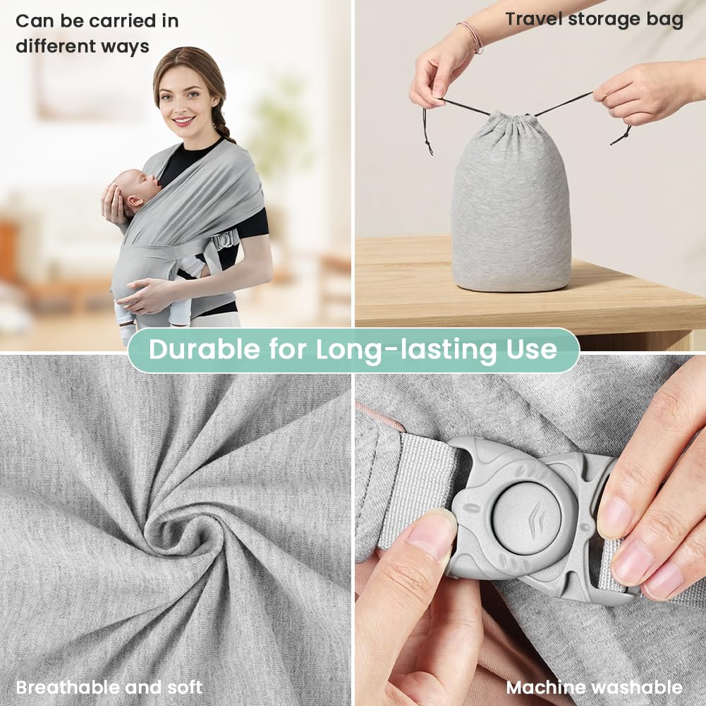 AOOWU Babytrage Tragetuch Baby Neugeborene bis 15 kg - Freihändiges Babytragetuch -Einfach Anzuziehen für Mütter und Väter - Babytrage Multi-Use Babywickel Träger(Hellgrau, Schnallenstil)