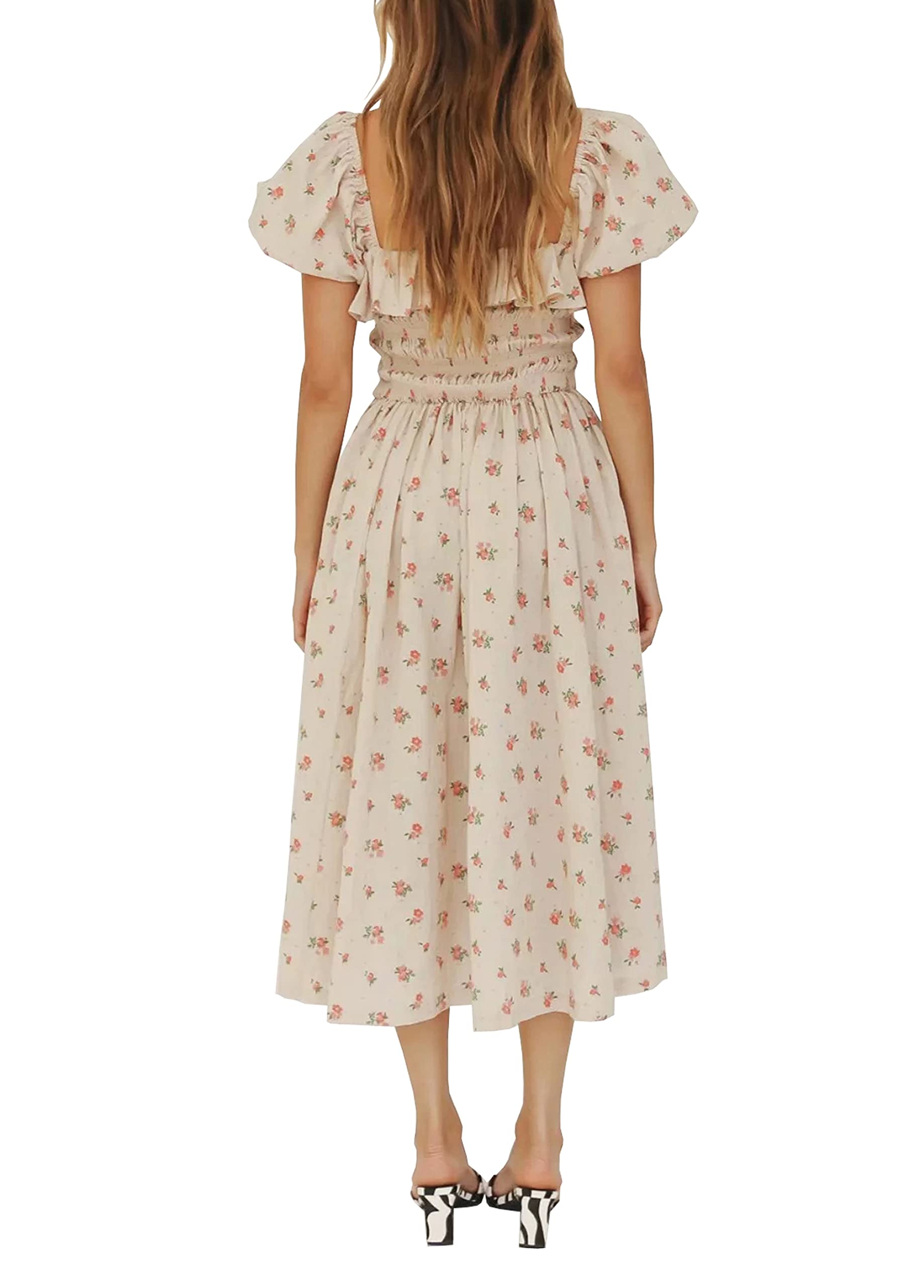 R.Vivimos Casual A Type Imprimé Carré Col Bubble Manches Robe Ourlet Taille Haute Midi Slim Robe De Vacances