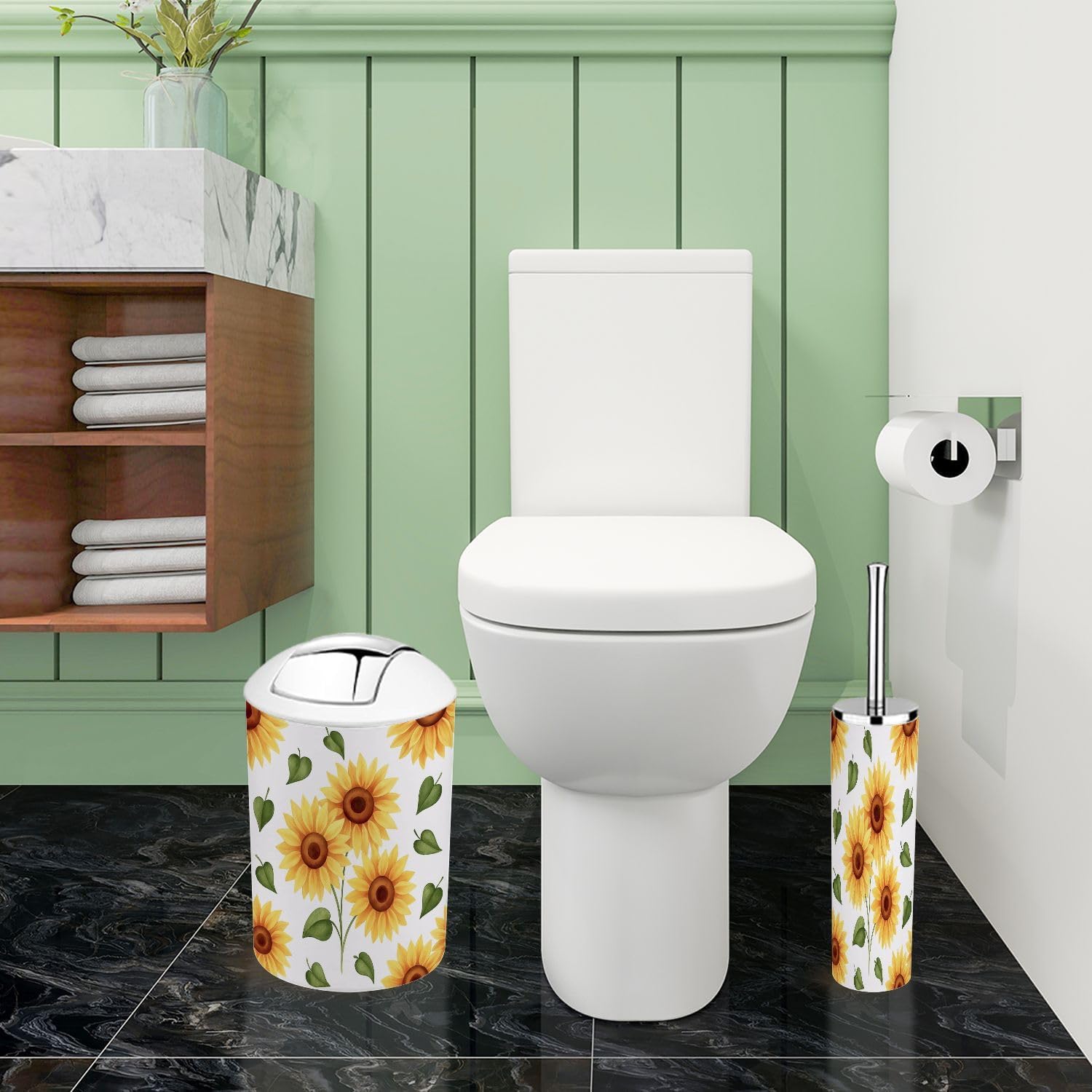 Bathroom Accessory Set 6 Piece Boho Sunflower Seamless Yellow Summer Floral White Repeating Trash Can, Toothbrush Holder, Soap Dispenser, Soap Dish, Toothbrush Cup, Toilet Brush Holder