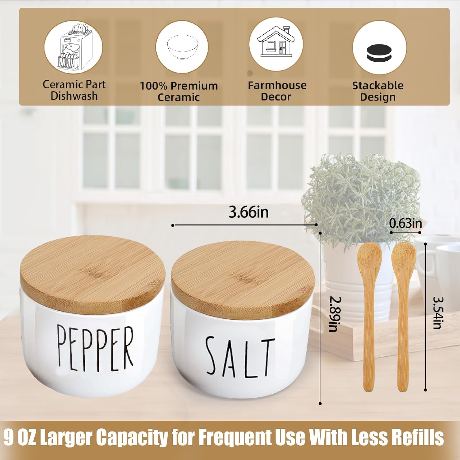 Farmhouse Salt And Pepper Bowls, Stacked Ceramic Salt Cellar With Bamboo Lid, Salt Container With Lid And Spoon, Modern Farmhouse Kitchen Decor, Salt Box