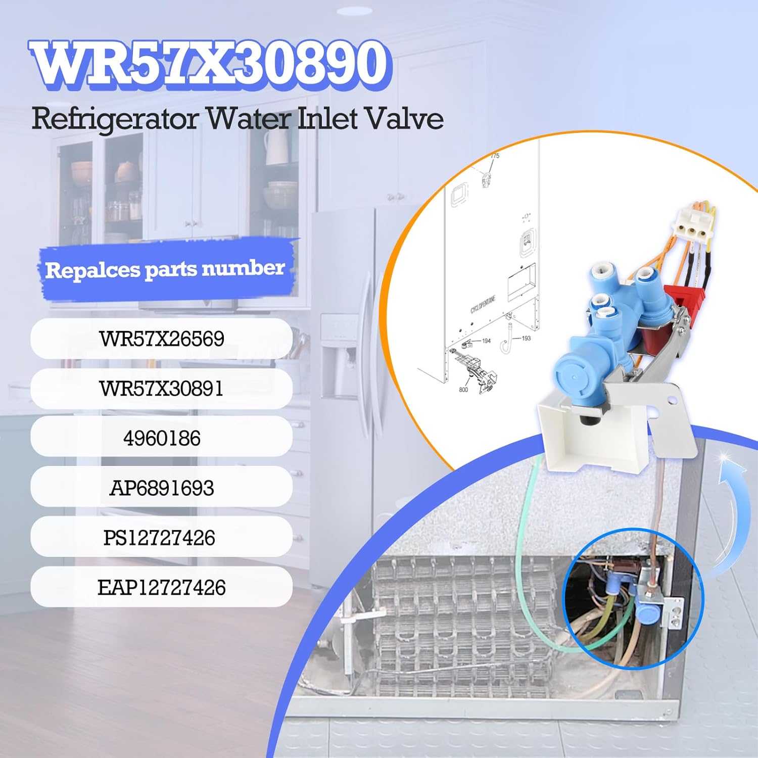 WR57X30890 Refrigerator Water Inlet Valve Compatible with GE Refrigerator, Replacement Part WR57X26569 WR57X30891 4960186 AP6891693 PS12727426 EAP127274