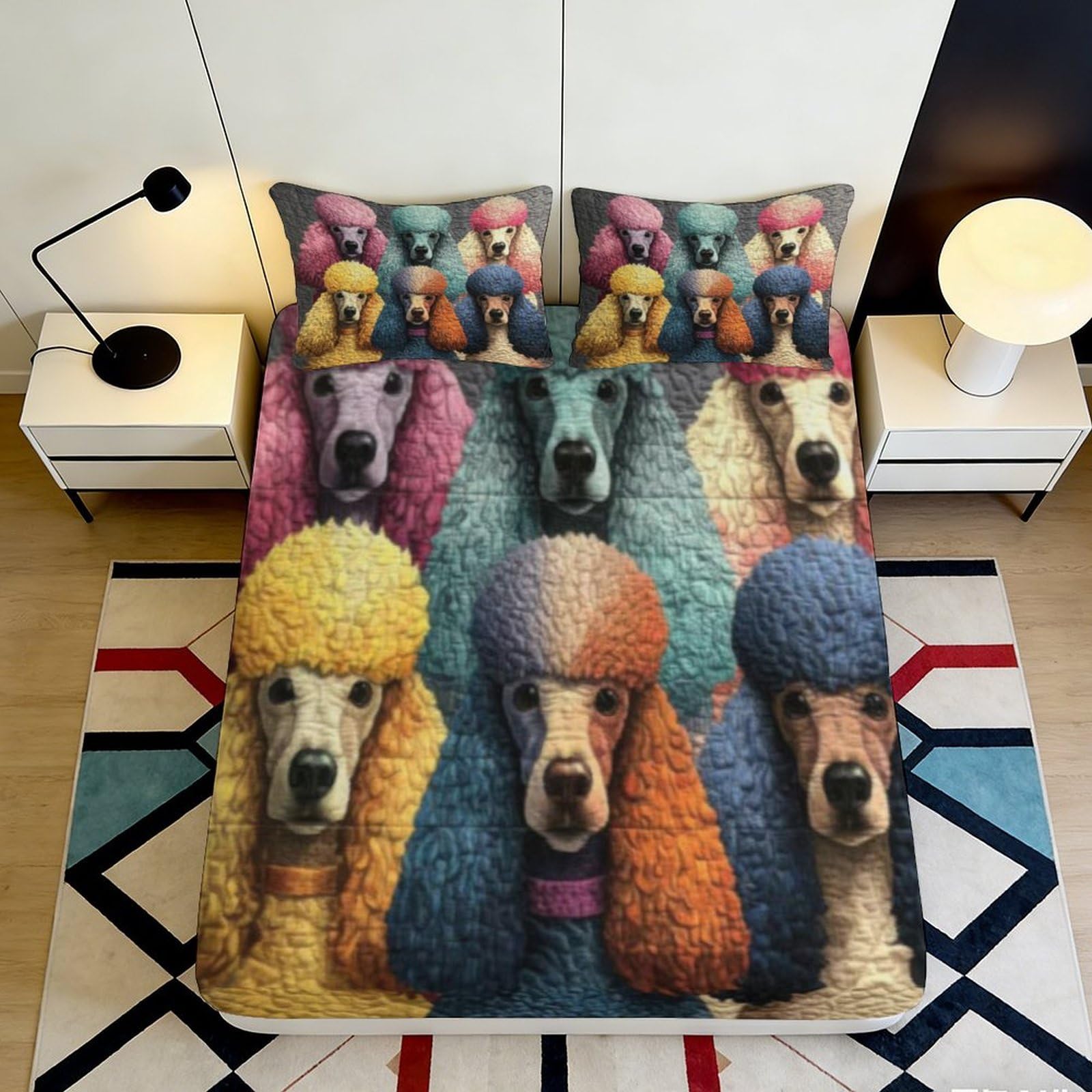 3D Printed Colorful Poodle Fitted Sheet Microfiber Soft Breathable Abstract Dog Bed Cover for Bedroom Dorm Mattress Protection Decor 160x200x25cm