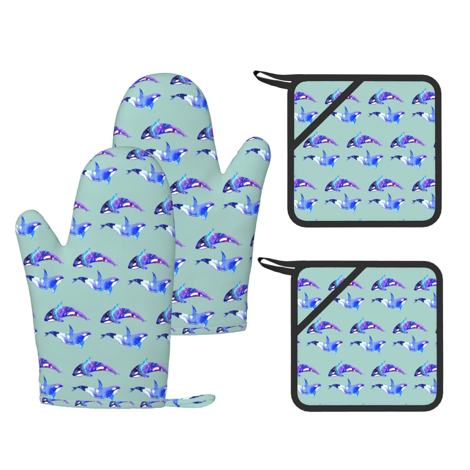 Orca Killer Whale Printed Oven Mitts with Pocket and Hot Pads, Silicone Non-Slip Kitchen Gloves for Baking BBQ