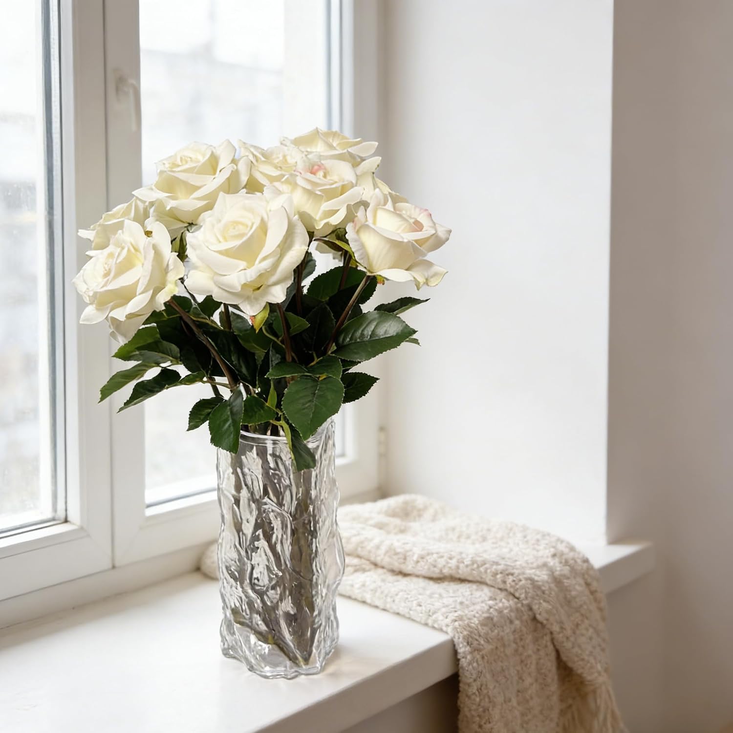12/6PCS Real Touch Artificial White/Red Roses, Faux Silk Rose Long Stem Bouquet for Wedding, Centerpiece, for Mom, Romantic Artificial Flower Home Decor (12, White)