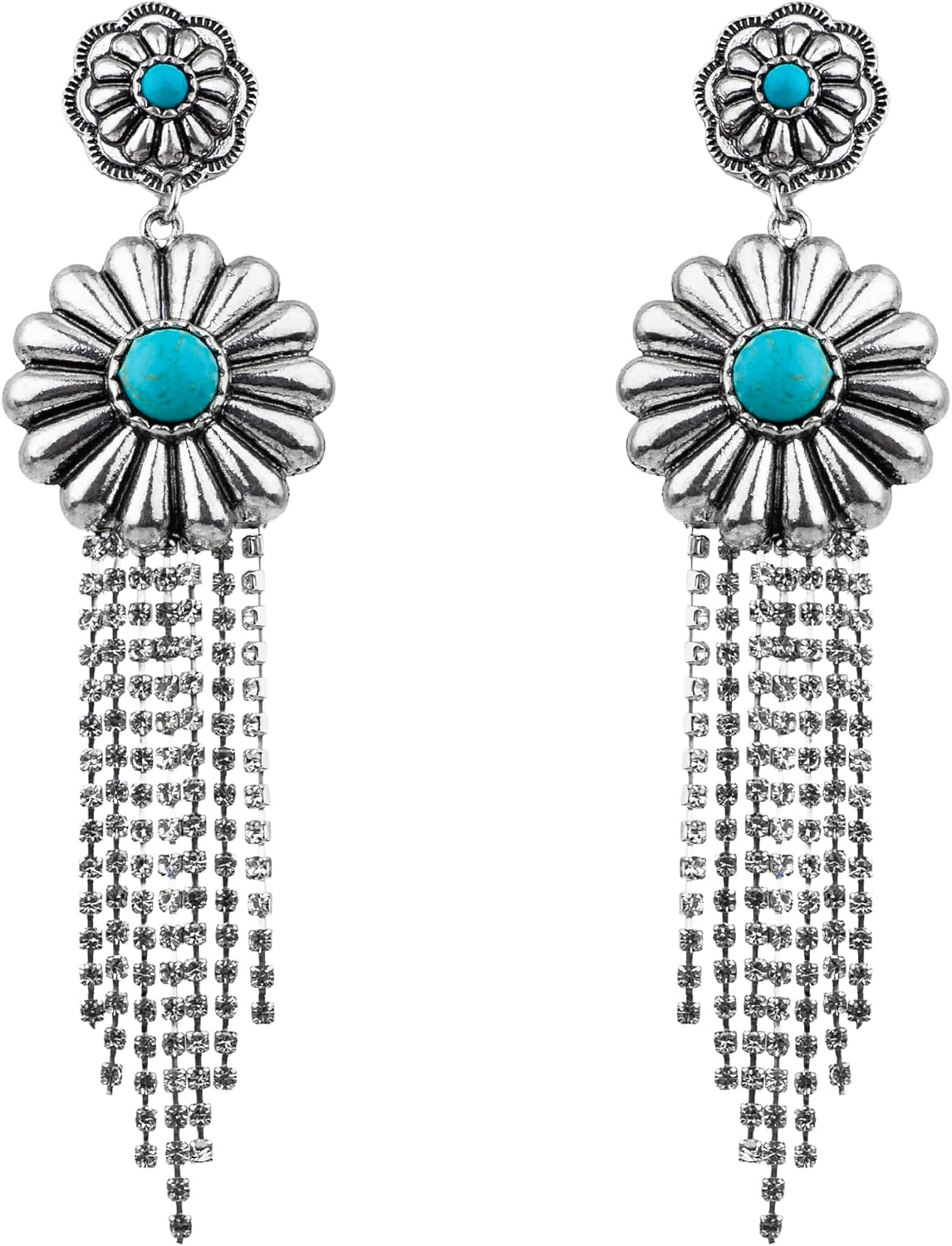 Nicole Miller New York Silver Daisy Rhinestone Drop Earrings, Turquoise Colored Stone Accent, 4.35 inches