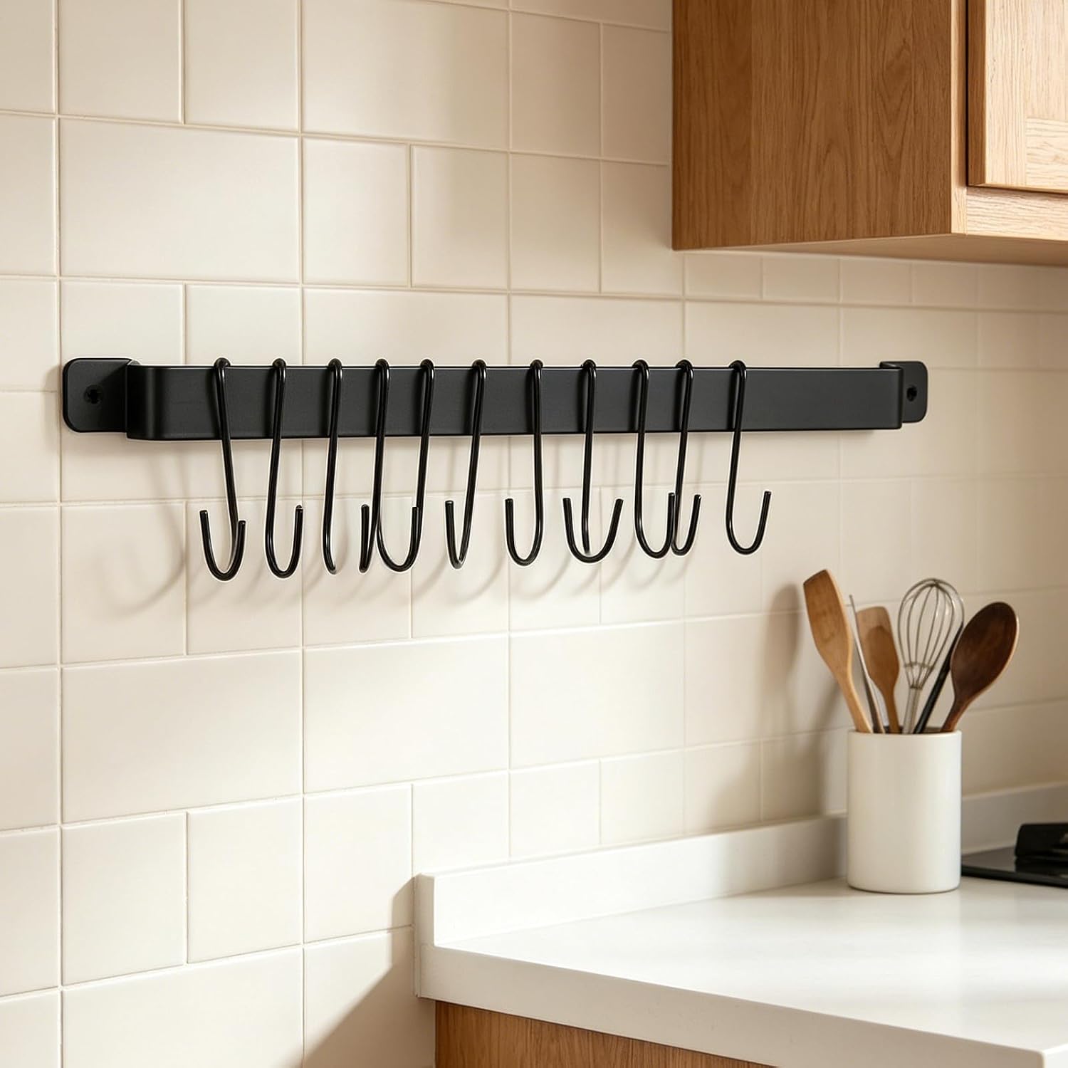 1 Set Utensil Racks with 10 Hooks - Kitchenware Wall-Mounted Hook Rail Multi-Purpose Utensils Rack for Hanging Mugs and Tools in Modern Home Kitchen