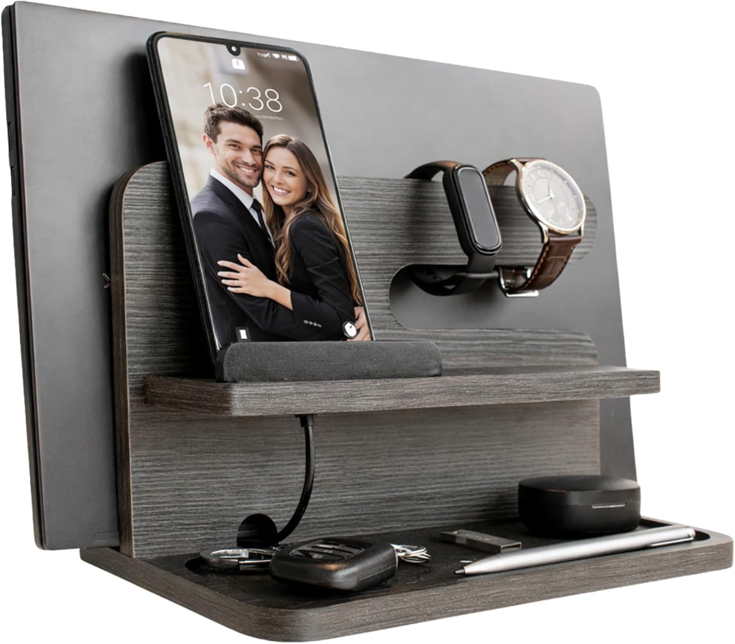 Namore Bedside Valet Tray Organizer for Men – Wood Phone Docking Station with Tablet Holder for Wallet, Watch & Keys – Nightstand Organizer Gift for Him