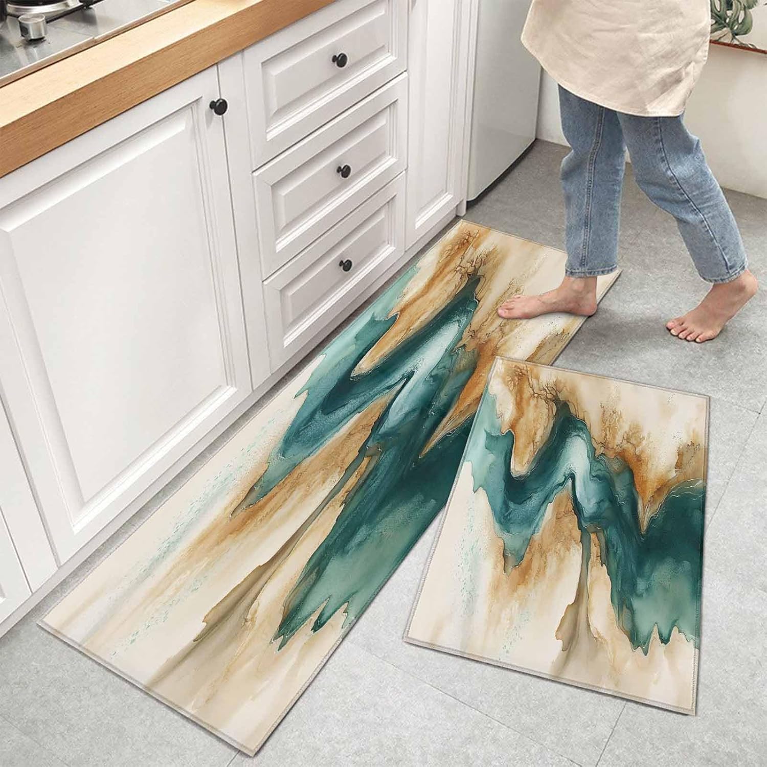 Kitchen Mats for Floor Gradient Marble Abstract Art Washable Non Slip Kitchen Rugs 2PCS, Minimalist Modern Style Absorbent Standing Mats for Sink Bathroom Office Living Room 15.7x23.6in+15.7x47.2in