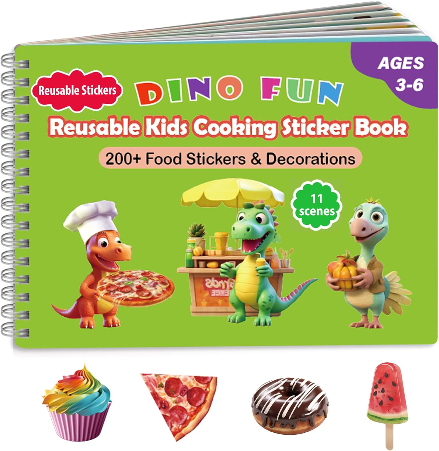 Dino Fun Cooking Sticker Book, Create & Play with 200+ Removable Food Stickers & 11 Playful Kitchen Scenes for Kids 3-6