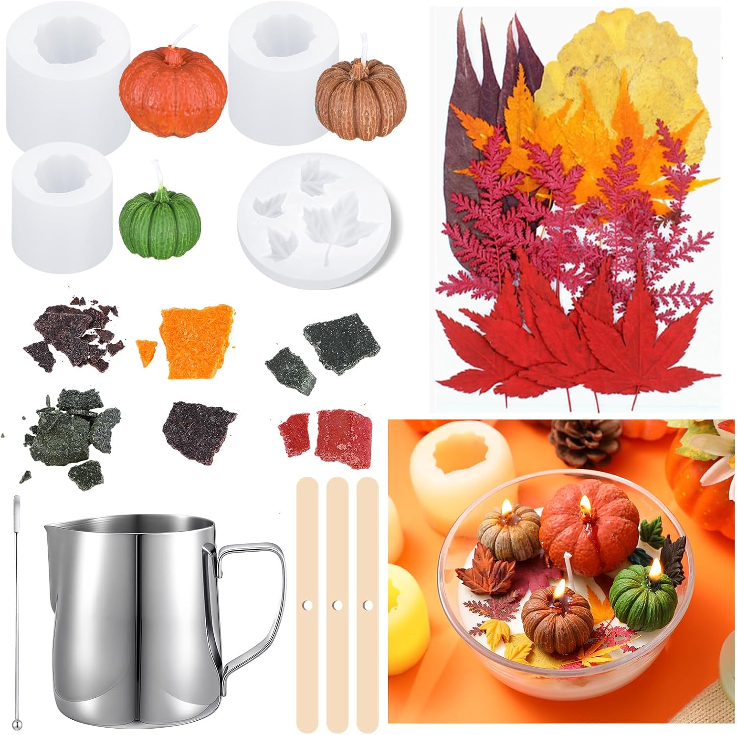 Nuanchu 147 Pcs Thanksgiving Pumpkin Candle Mold Set, Fall 4 Pcs 3D Silicone Pumpkin and Leaf Candle Molds, Soy Wax Wick, Dots and So on, Epoxy Resin Casting Fall DIY Art Gifts Home Decoration