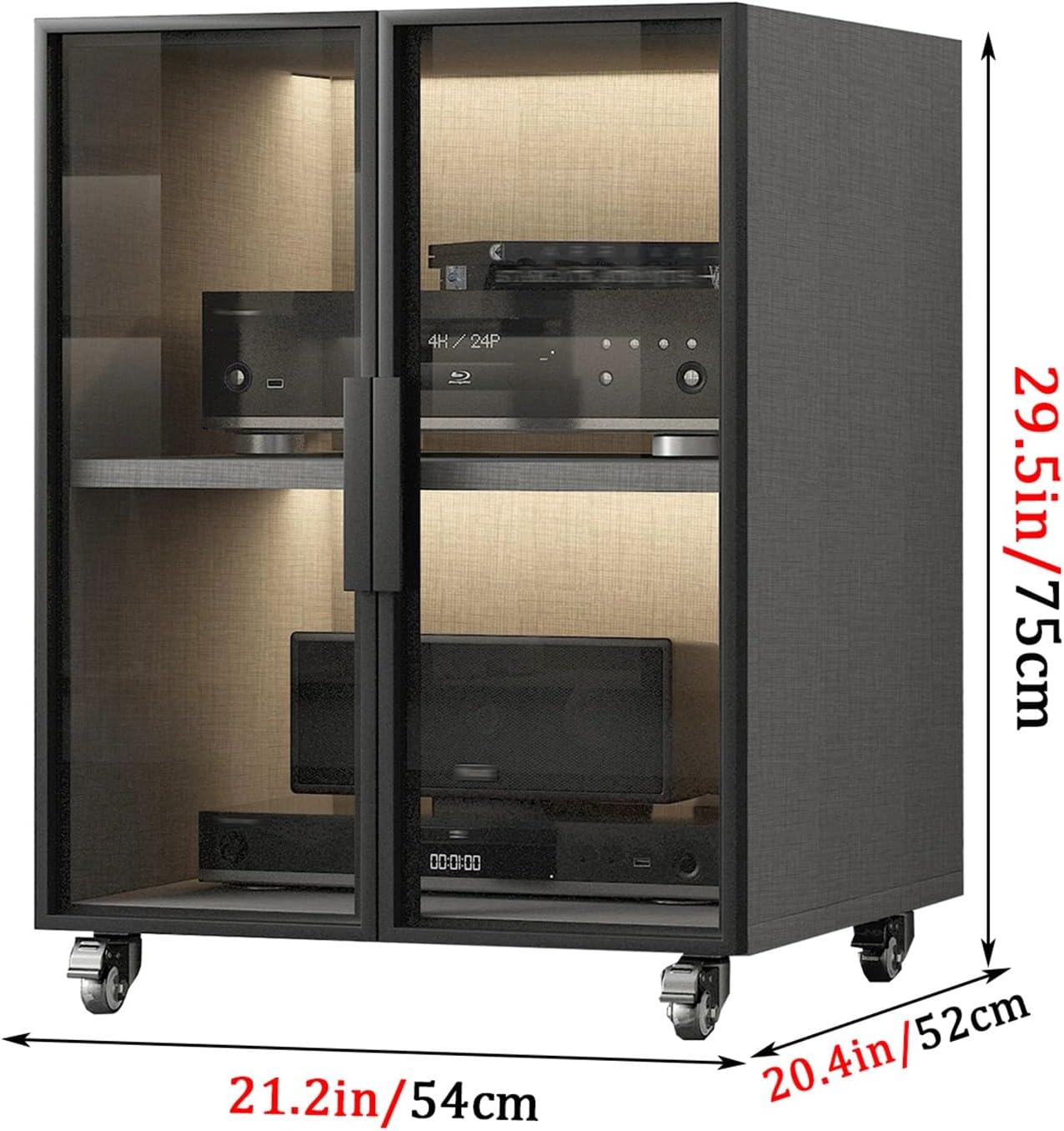 Audio Rack, 2/3 Layer can Move AV Media Stand, with Adjustable Shelf Height, Video Media Stand with Glass Door, for Home/Office/Theater(Gray,21.2x29.5/54x75cm)