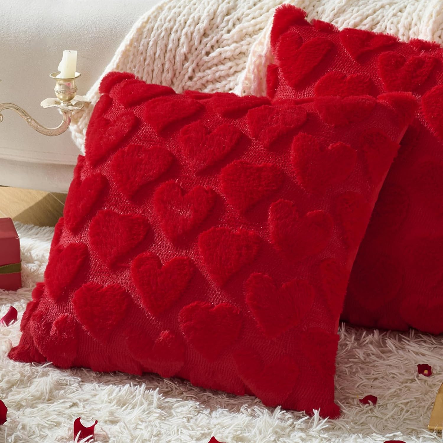 Valentines Pillow Covers 18x18 inch Set of 1 Valentines Day Decoration Red Heart Soft Plush Jacquard Throw Pillows for Bedroom Sofa Holiday Festivals Home Decor