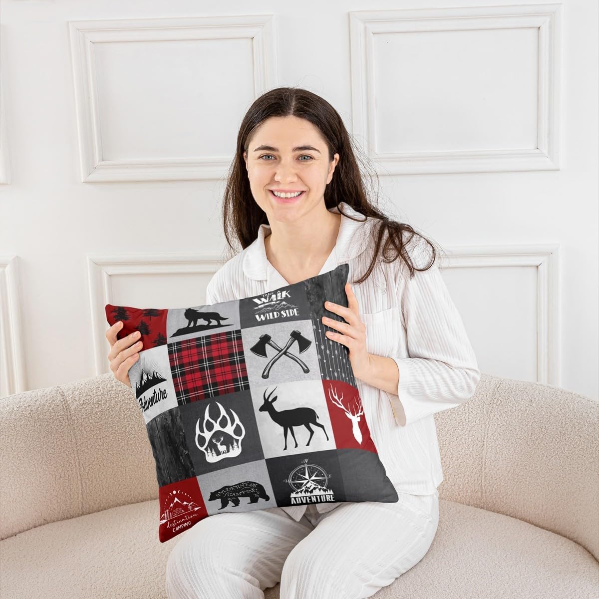 Western Adventure Throw Pillow Covers Retro Red Black Gray Plaid Farmhouse Pillow Cases for Kids Teens Adults Wild Wolf Deer Animal Tribal Arrow Cushion Covers for Bedroom Couch 22x22 Inch Set of 2