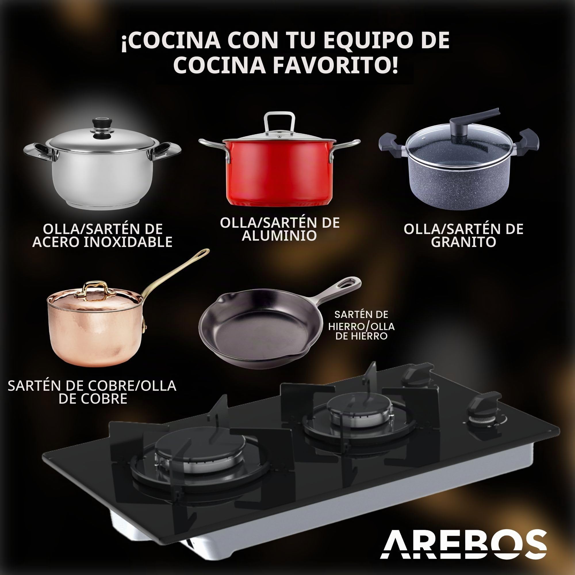 Arebos Placa de gas 30 cm 2 quemadores | Vidrio templado | Empotrable con soportes de hierro fundido | Compatible con gas natural y propano | Encendido seguro integrado
