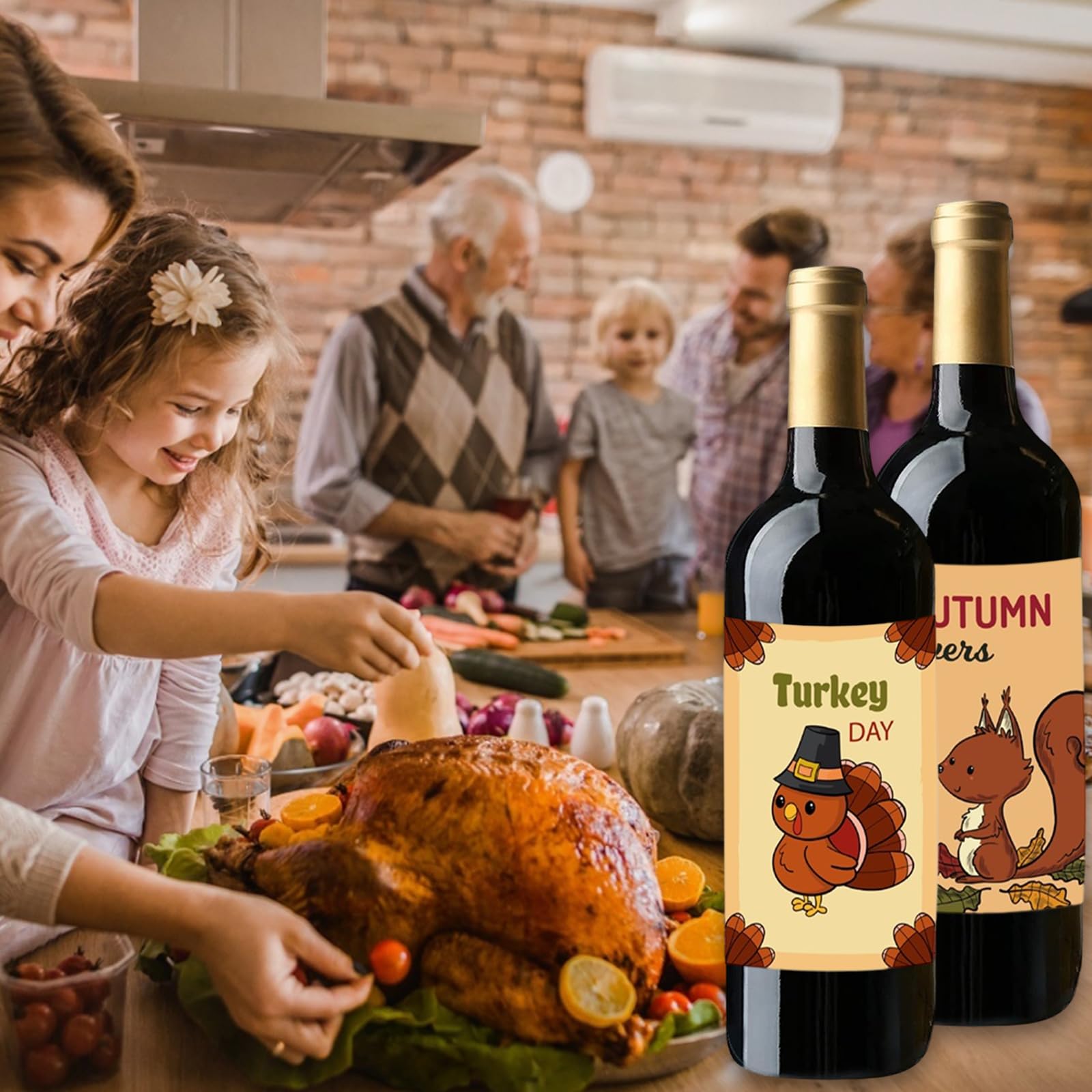 6 Pcs Cute Funny Thanksgiving Squirrel Turkey Wine Bottle Labels Stickers Pumpkin Pie Fox Bottle Labels Waterproof Bottle Stickers for Wine Beer Tasting Supplies for Thanksgiving Fall theme Party