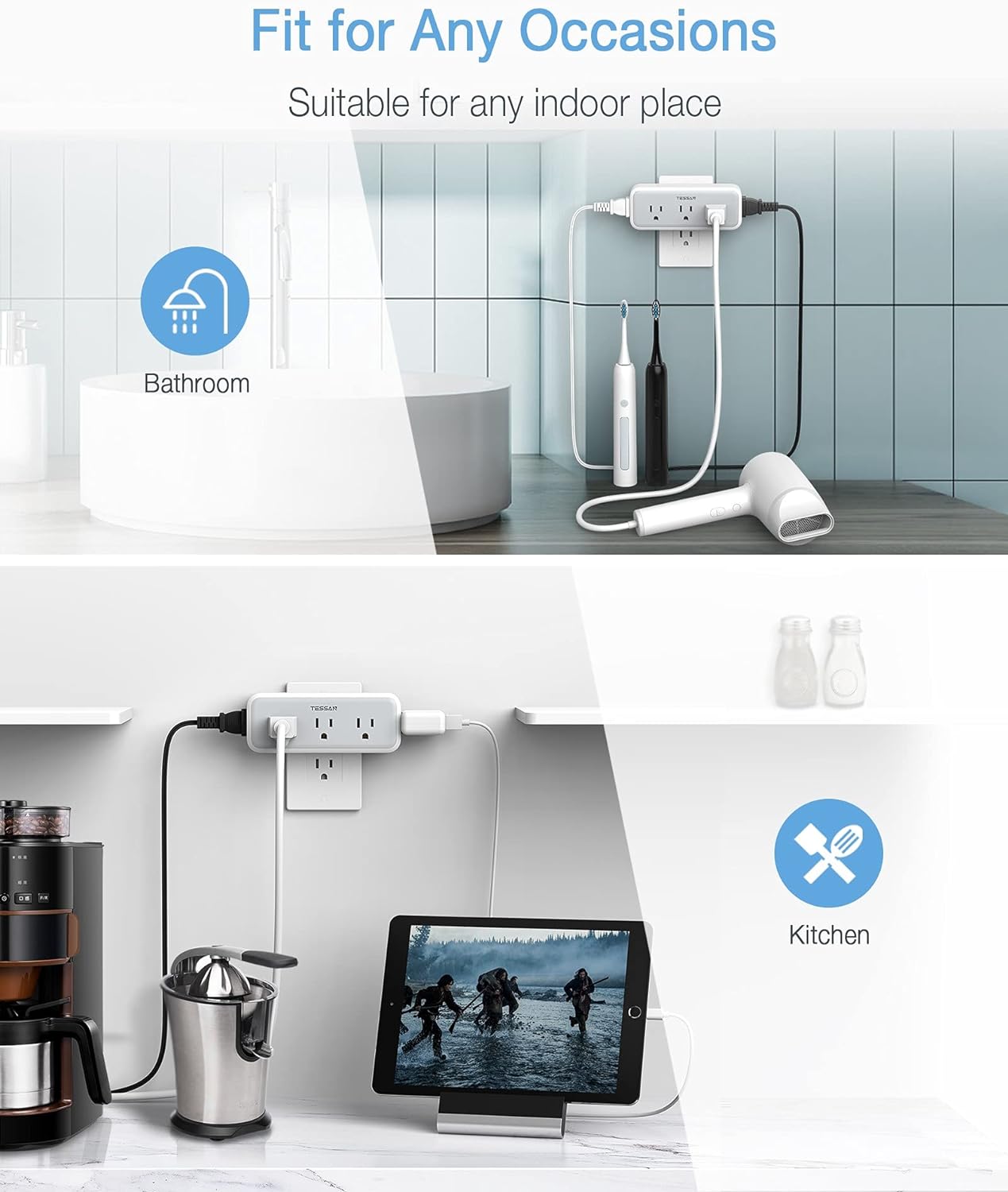 2 Pack Multi Plug Outlet Extender, TESSAN Surge Protector Wall Plug Splitter with 5 Electrical Outlet Expander, Multiple Plug Adapter for Travel Home Office