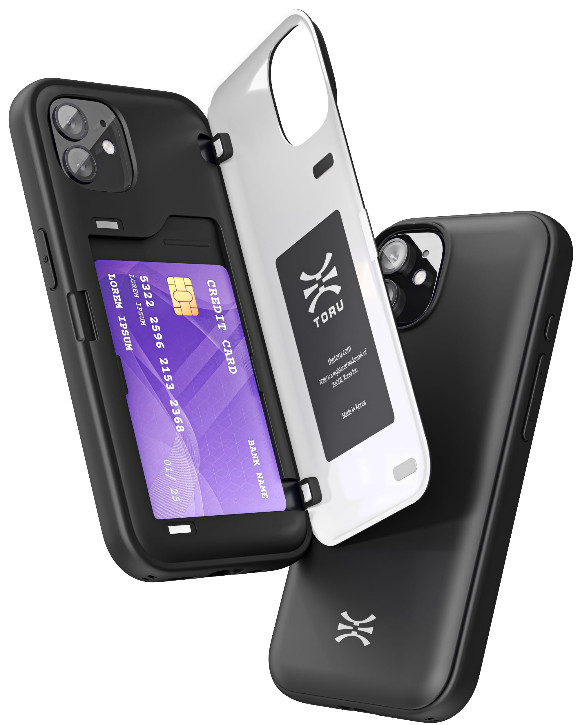 [TORU CX HYBRID] iPhone 12 / iPhone 12 Pro用 ウォレットケース |隠し 2 クレジット カード スロット ホルダー付き二層スリム保護ハード カバー - ブラック